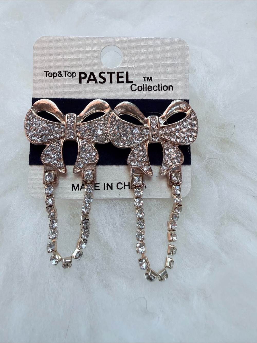 Vintage Style Gold Tone Bow and Rhinestone Dangle Earrings